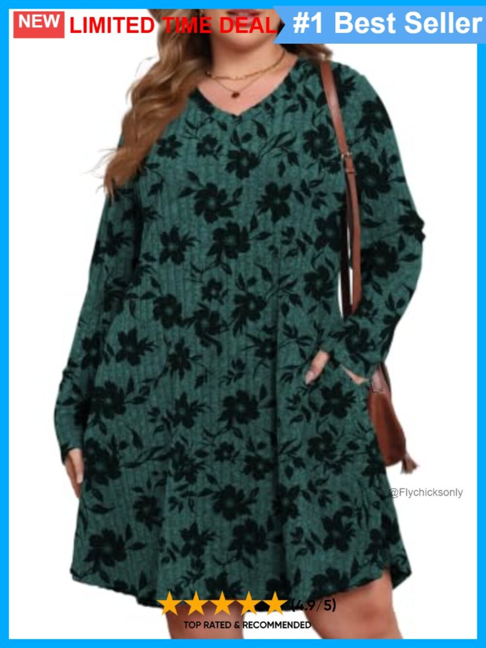 Plus Size V Neck Sweater Dress with Pockets Long Sleeve Knee Length